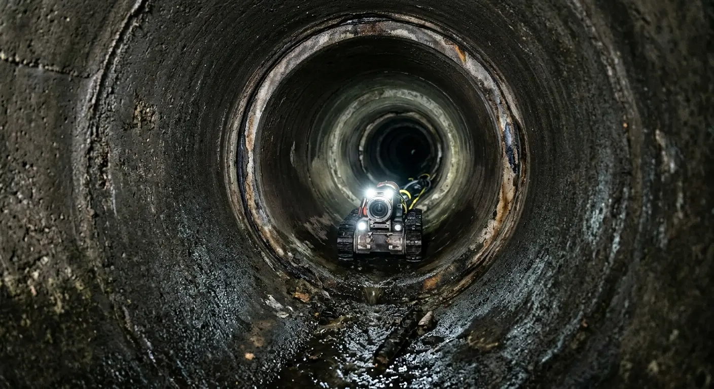 Robotic sewer camera inspecting pipe interior for Sewer Line Cleaning in Commerce