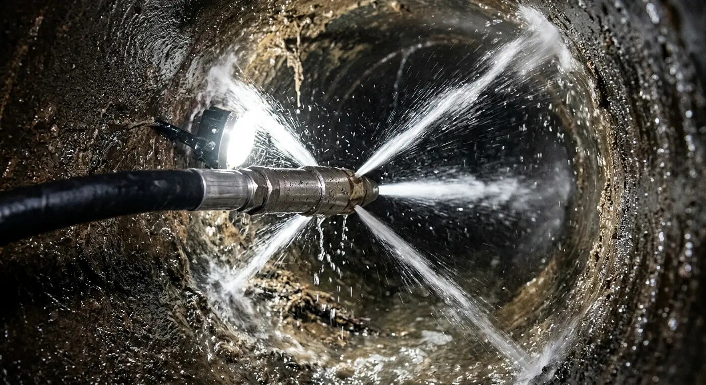 High-pressure hydro jetting nozzle cleaning sewer pipe for Storm Drain Cleaning in Commerce