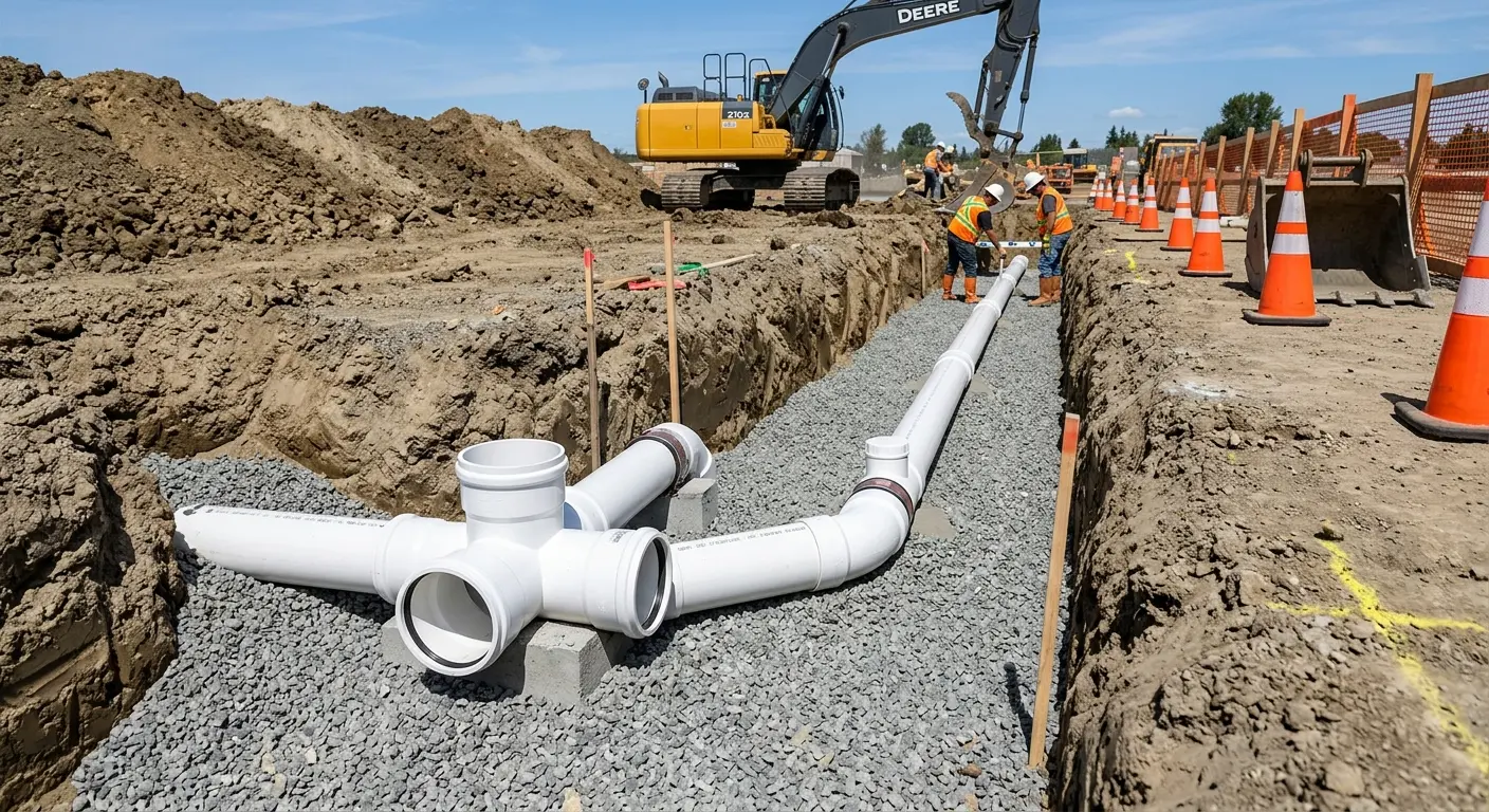 New PVC sewer pipe installation in open trench for Commercial Drain Cleaning in Commerce
